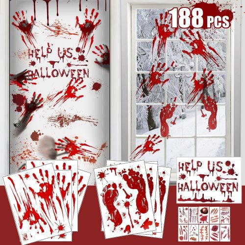 188PCS Halloween Decorations Window Clings, 9 Sheets Bloody Handprint Footprint Halloween Wall Decal Floor Clings with Tattoo Stickers, Scary Halloween Window Decorations