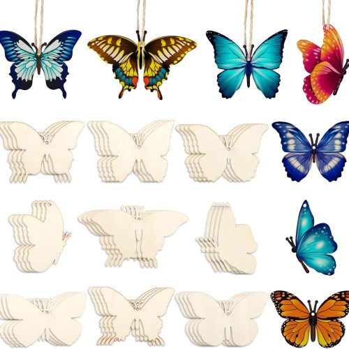 Whaline 54 Pieces Unfinished Wooden Butterfly Cutouts with Holes and Hemp Rope DIY Blank Butterfly Shape Hanging Ornaments Embellishments Wooden Slices for DIY Crafts Spring Party Decoration Gift