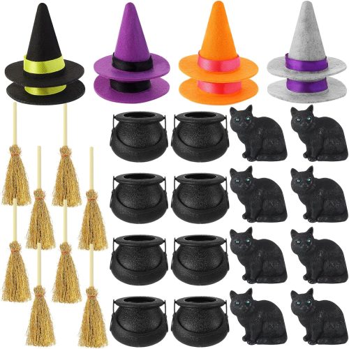 Deekin 32 Pcs Mini Halloween Party Favors Decorations, Cauldron Broom and Cat and Hat and Kettles Set for 8, Boo Basket Stuffers, Halloween Witch Cauldron Toys Bulk, Trick or Treat Goodie Bag Fillers