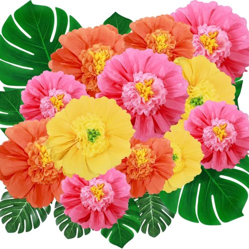 80 Pack Tropical Party Decorations Supplies Large Tissue Paper Hibiscus Flowers Faux Palm Leaves Set for Hawaiian Luau, Safari, Mexican Fiesta, Birthday Parties