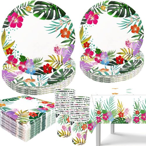 121 PCS Luau Hawaiian Party Decorations - Aloha Tropical Party Tableware Supplies Including Plates, Napkins, Cups and Tablecloth for Summer Pool and Tropical Luau Birthday Party Decor Serves for 30