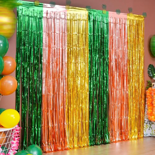 LOLStar Hawaiian Luau Party Decorations, 2 Packs 3.3x6.6 ft Green Brown and Yellow Foil Fringe Curtains Photo Booth Props, Tinsel Streamer Backdrop for Hawaiian Tropical Summer Aloha Party Decor