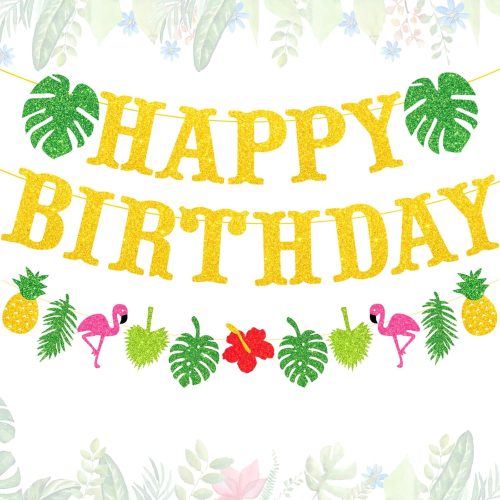 Hawaiian Luau Birthday Party Decorations, 26pcs Gold Glitter Tropical Happy Birthday Banner Sign with Flamingo Palm Tree Pineapple Tropical Garland for Summer Beach Hawaiian Theme Party Decorations