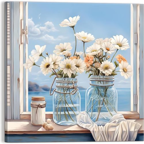 3LDECOR Bathroom Wall Art Blue Mason Jar Daisy Flower Modern Decor artwork Canvas Print Pictures For Gifts, Hanging in Office, Dining Room, Kitchen, Living Room, Bedroom