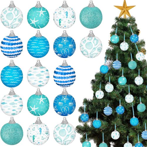 16 Pcs Christmas Tree Ornament 1.57 Inch Winter Sea Ornaments Coastal Starfish Waves Ball Ornaments Christmas Beach Tree Ornament for Xmas Winter Party Supplies (Ocean)