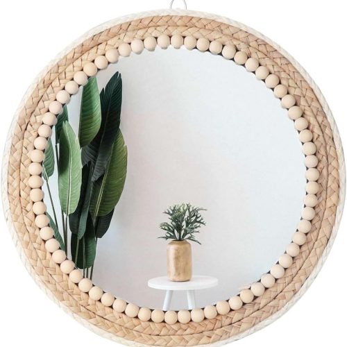 Boho Wall Mounted Round Mirror - 15 Inch Circle Rattan Decorative Hanging Mirror for Bedroom, Living Room & Bathroom