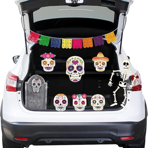 Haooryx Trunk Or Treat Skull Day of Dead Decoration Kit - 23Pcs Mexican Day of The Dead Backdrop Banner for Car SUV Archway Garage Door Decor Dia de Los Muertos Skeleton Halloween Holiday Party Supply