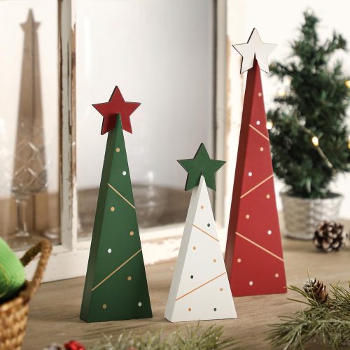 Amorita Rustic Christmas Decor 3 Piece Wooden Christmas Trees Tabletop Decoration, Freestanding Wooden Tree, Rustic Tiered Tray Centerpieces for Xmas Holiday Home Decor