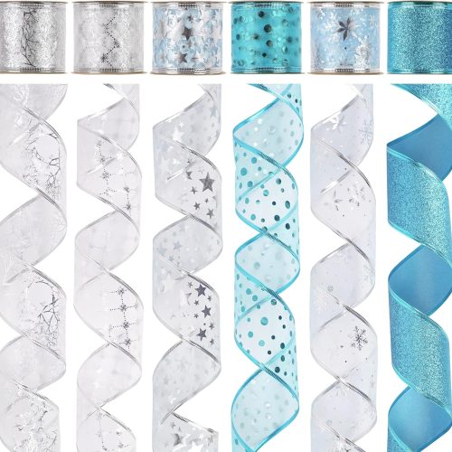 MEEDEE Turquoise Christmas Ribbon - 2.5 Inch, 6 Rolls, 36 Yards - Blue & Silver for Christmas Tree