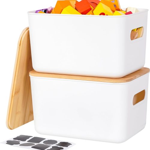 2 Packs Plastic Storage Bins with Bamboo lids Stackable Storage Containers for Organizing, Bundled with Labels and Marker 10.24 x 7.01 x 6.1 inch