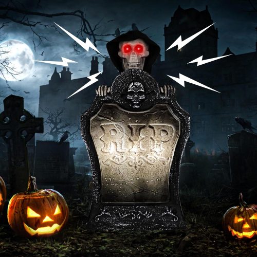 Animated Halloween Tombstone Decoration, Lighted Gravestone with Creepy Voice Spooky Skull Head, Light Up Eyes, Scary Motion for Horror Party Halloween Yards Decor Indoor Outdoor