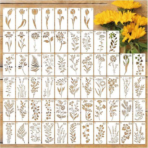 60pcs Small Floral Stencils for Painting on Wood Reusable Flower Wildflower Stencil Templates for Crafts Vine Herb Botanical Leaf Plant Stencils for Drawing on Wall Canvas Furniture(floral60)