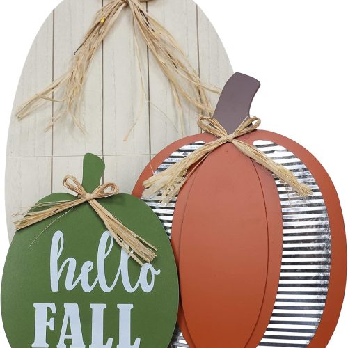 DECSPAS Fall Decorations for Home & Outdoor, 24" White Pumpkin Wood Porch Standing Decor - 3 Pack Red, White, Green Pumpkins for Front Door, Garden, Patio, Thanksgiving