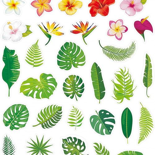 Lucleag 600 PCS Tropical Flowers and Leaves Stickers for Kids, Palm Leaf Hibiscus Flowers Stickers for Crafts, Hawaiian Tropical Leaves Stickers for Summer Party Decorations
