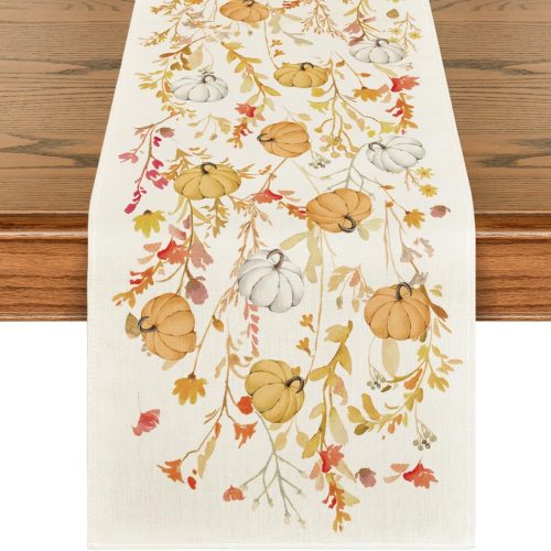 Artoid Mode Wildflowers Bloom Floral Pumpkin Leaves 210 GSM Fall Table Runner, Seasonal Autumn Kitchen Dining Table Decoration for Home Party Decor 13x120 Inch