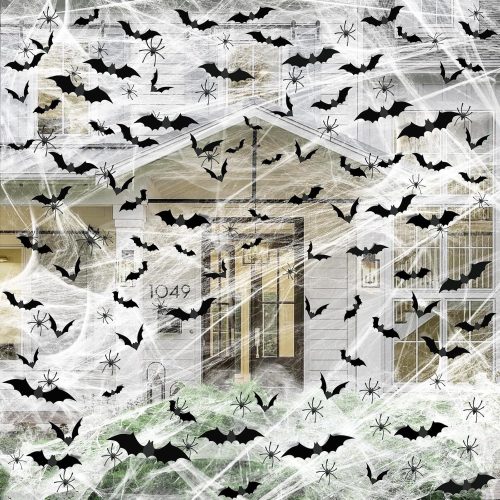 1200 sqft Halloween Spider Webs &120pcs Fake Bats 50pcs Fake Spiders Super Stretch Cobwebs for Halloween Theme Decoration Party Supplies