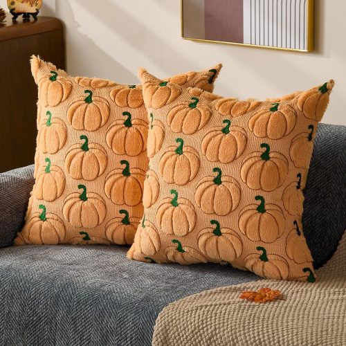 1 Fall Pillow Covers 18x18 Set of 2 Fall Decorations Autumn Light Orange Pumpkin Throw Pillow Cases Soft Plush Faux Fur Wool Couch Cushion Case for Chair Sofa Living Room Home Decor PTK041B18