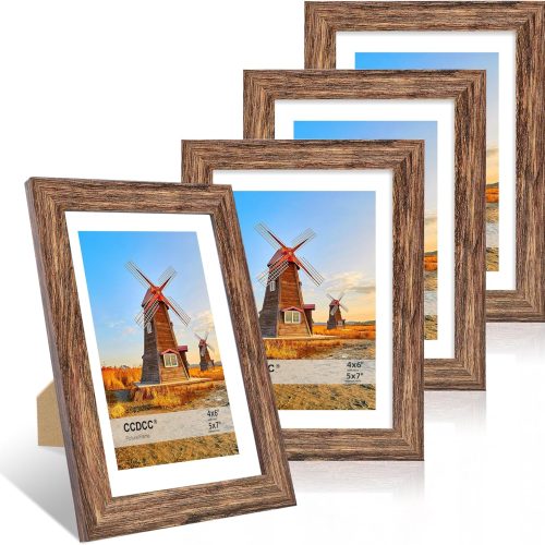 5x7 Picture Frame Set of 4, 5 x 7 Wood Photo Frames with Mat for 4x6, Natural Wooden Frame with Real Glass Cover for Wall and Tabletop Display,Rustic Brown