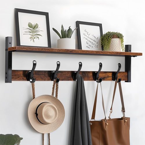 29" Rustic Coat Rack Wall Mount with Shelf, Entryway Wall Hooks with Shelf, Coat Hangers for Bathroom, Living Room, Bedroom, Rustic Black