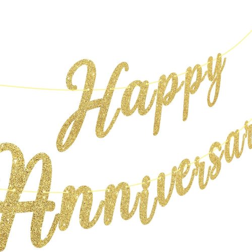 Happy Anniversary Banner Sign Gold Glitter Wedding Bunting Banner Flag Garland for Anniversary Party Decorations Supplies