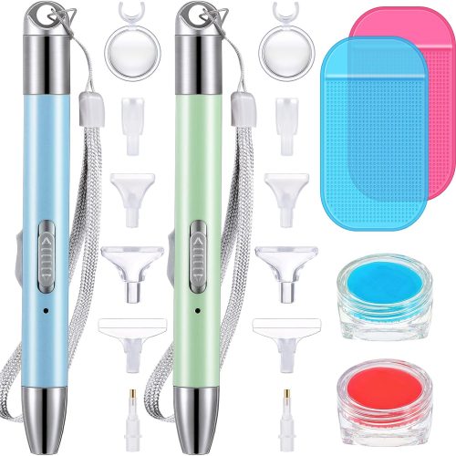 Chuangdi 2 Pcs Diamond Painting Art Drill Pen with Light Diamond Painting Accessories and Tools 12 Pen Heads 2 Anti-slip Mats 2 Wax Organizer Cases for DIY Craft Supplies(Blue, Green)