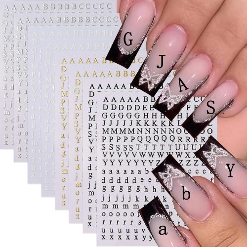8Pcs Letter Nail Stickers 3D Self-Adhesive English Alphabet Nail Decals Metallic Gold Silver Black White Alphabet Nail Design English Letter Pegatinas Uñas Nails Supplies for Women Girl DIY Nail Decor