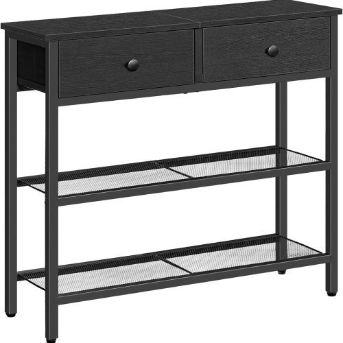 29.5" Narrow Console Table with 2 Fabric Drawers, Sofa Table, Small Entryway Table with 3-Tier Storage Shelves, Behind Couch Table, for Living Room, Hallway, Black BB72XG01