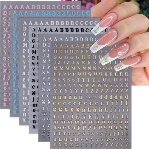 Letter Nail Stickers for Nail Art 6 Sheets Alphabet Nail Decals 3D Self-Adhesive Pegatinas Uñas English Letter Nail Art Stickers Black White Gold Silver Nail Designs Accessories DIY Manicure Supplies