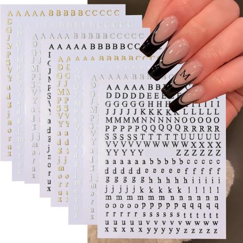 Letters Nail Art Stickers English Alphabet Nail Decals 3D Self-Adhesive Metallic Gold Silver Nail Sticker Black Alphabet Nail Art Supplies for Women Girls DIY Nail Decoration Manicure 8 Sheets