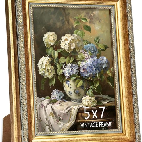 5x7 Picture Frame, Ornate Vintage Gold Picture Frames with HD Glass for Wall Hanging and Tabletop Display, 5 x 7 Antique Photo Frame with Distressed Rust-Like Finish, Retro Home Decor