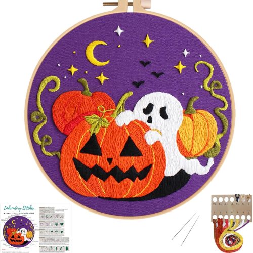 Nuberlic Halloween Embroidery Kits for Beginners Ghost Pumpkin DIY Cross Stitch Starter Craft Kits for Adults Including Cloth with Pattern Hoop Needles Instruction and Threads