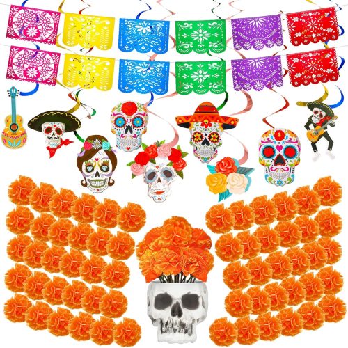 132 Pcs Mexican Dia De Los Muertos Decor Include 100 Pcs Faux Marigold Flower 12 Pcs Dia De Los Muertos Mexican Plastic Banner 20 Pcs Day of the Dead Hanging Swirl Decorations(Orange)