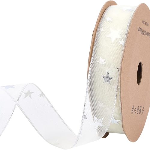 20 Yards 1 Inch White Star Ribbon Silver Stars Print Organza Sheer Transparent Chiffon Silk Sparkly Ribbons Bulk with Spool for Sewing Making Crafts Gift Wrapping Bouquets Home Decor Supply