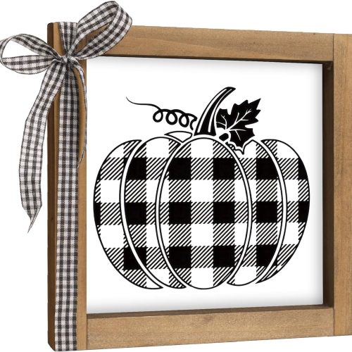 Black and White Checkered Pumpkin Sign, Wooden Fall Halloween Thanksgiving Decorative Signage Plaques Decor, Indoor Table Shelf Tiered Tray Desk Wall Art Rustic Farmhouse Home Decorations