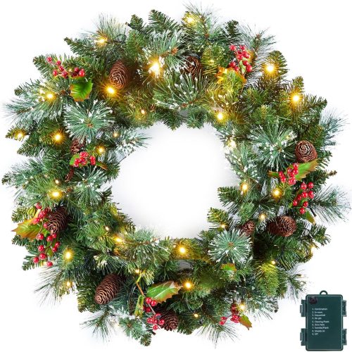 24 Inch Christmas Wreath for Front Door, 50 LED Christmas Wreaths with Pinecones Pine Needles Branches Red Berry, IP44 X-Mas Lighted Wreath for Front Door Wall Window