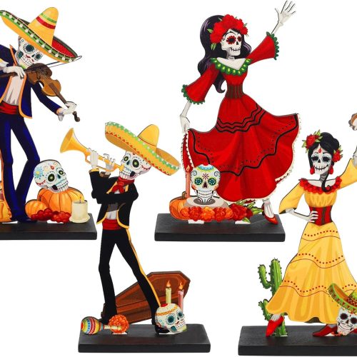 Strdfeve 4 Pieces Day of The Dead Table Top Decorations Wooden Halloween Sign for Mexican Fiesta Decorations,Dia De Los Muertos Centerpieces for Table