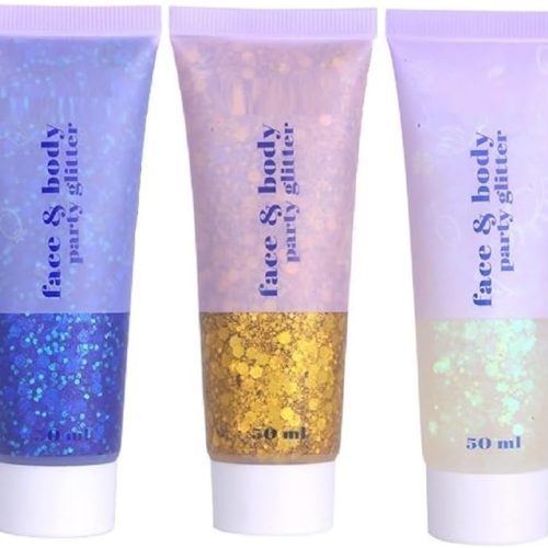 3 Color Face and Body Glitter Gel, Neon Outfit Glow Party for Body Hair Face Nail Glitter Stick Makeup. (01-Blue&02-Gold &06-White Moonbeam)