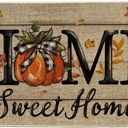 Home Sweet Home Pumpkin Fall Doormat, Autumn Maple Leaves Home Decor Low-Profile Switch Rug Door Mat for Indoor Outdoor 17x29 Inch