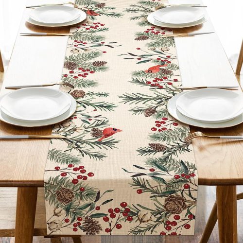 Seliem Winter Pine Needle Branches Table Runner, Pine Cone Cardinal Red Birds Berry Farmhouse Kitchen Dining Table Decor, Christmas Holiday Home Decoration Indoor Outdoor Party Supply 13 x 36 Inches