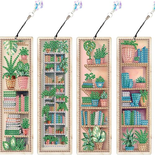 4 Pieces Diamond Painting Bookmarks for Adults Plant Bookshelf Design 5D Rhinestone Art Bookmark Kits Beautiful DIY Diamond Art Bookmarks with Tassels Crafts Gifts Supplies
