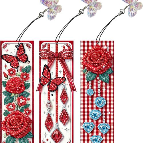 3pcs Flower Diamond Art Bookmarks, Butterfly Diamond Painting Bookmark Kits for Adult,DIY Small Crafts with Rhinestone Tassel,Paint by Diamonds for Graduation Birthday Reader Gifts (rose-SQ033)