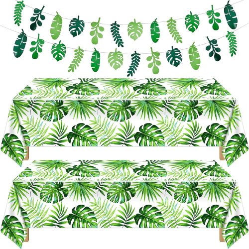 Tatuo 2 Pieces Palm Leaf Table Covers Hawaii Green Leaves Tablecloths Tropical Leaf Table Cloths and 2 Pieces Palm Leaves Banners Decorations for Tropical Party Decorations