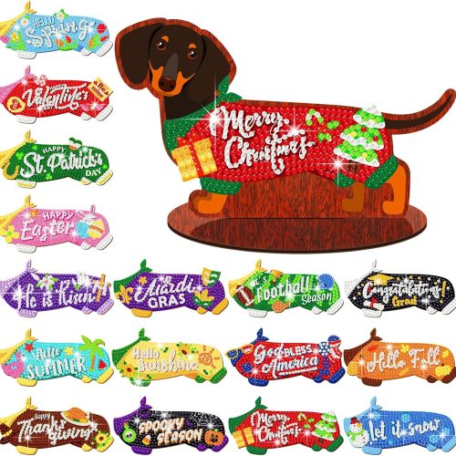Briwooody 16 Pcs Magnetic Dachshund Diamond Art Magnets Interchangeable Seasonal Dog Diamond Painting Magnets Kits Holiday Fall Wooden Table Decorations for Tabletop DIY Tiered Tray Decor