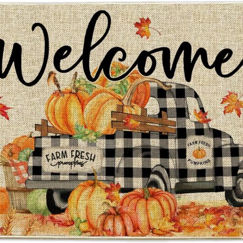 Fall Door Mat 17x29 Inch, Fall Decorations for Home, Pumpkin Truck Welcome Mats Outdoor, Autumn Doormats for Front Door Decorations