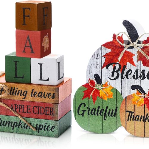 8 Pcs Fall Wooden Pumpkin Decorations Thanksgiving Blessed Grateful Thankful Table Centerpieces Wooden Block Signs for Autumn Harvest Farmhouse Thanksgiving Home Party Decor Supplies