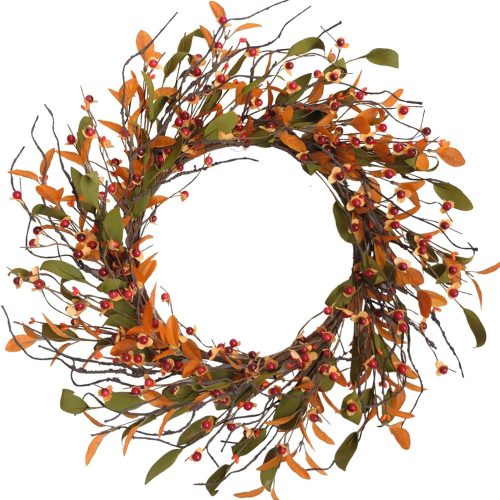 18 Inch Fall Wreath for Front Door Artificial Welcome Wreaths with Leaves Berry Autumn Farmhouse Wreath for Inside Outside Wall Porch Harvest Thanksgiving Day Decor Orange