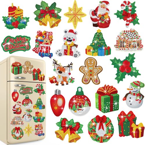 Copkim 20 Pcs Diamond Art Christmas Magnets 3.15 x 3.15 Inches Diamond Painting Magnets Refrigerator Paint Snowman Santa Claus Deer Art Decals Full Drill DIY Craft for Xmas Ornaments