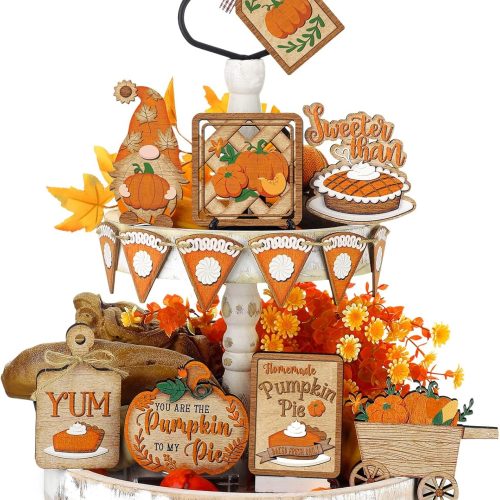 Set of 15 Fall Tiered Tray Decor Pumpkins Farmhouse Decor Autumn Maple Leaf Table Centerpieces Thanksgiving Harvest Wood Blocks Signs for Home(Stylish Style)