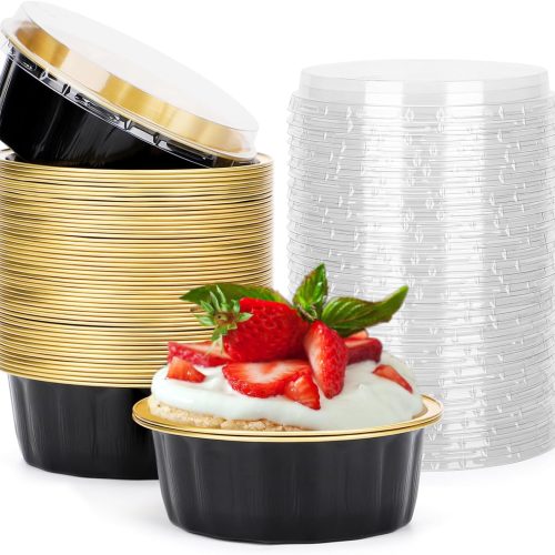Beasea Disposable Ramekins with Lids, 8 oz 50 Pack Black Gold Aluminum Foil Cups, Disposable Creme Brulee Muffin Cupcake Baking Cup Mini Pudding Cups for Party Wedding Birthday