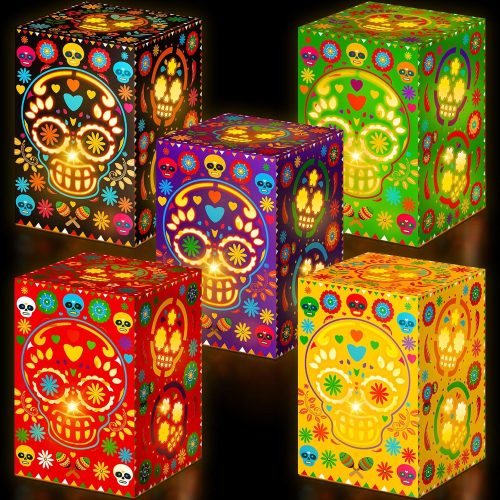 Pasimy 30 Pcs Day of The Dead Decorations Sugar Skull Candle Holder Boxes Decorative Hollowed Paper Boxes Luminary Bags for Halloween Dia De Los Muertos Party Decor Supplies, 5 Styles(Dark,Classic)